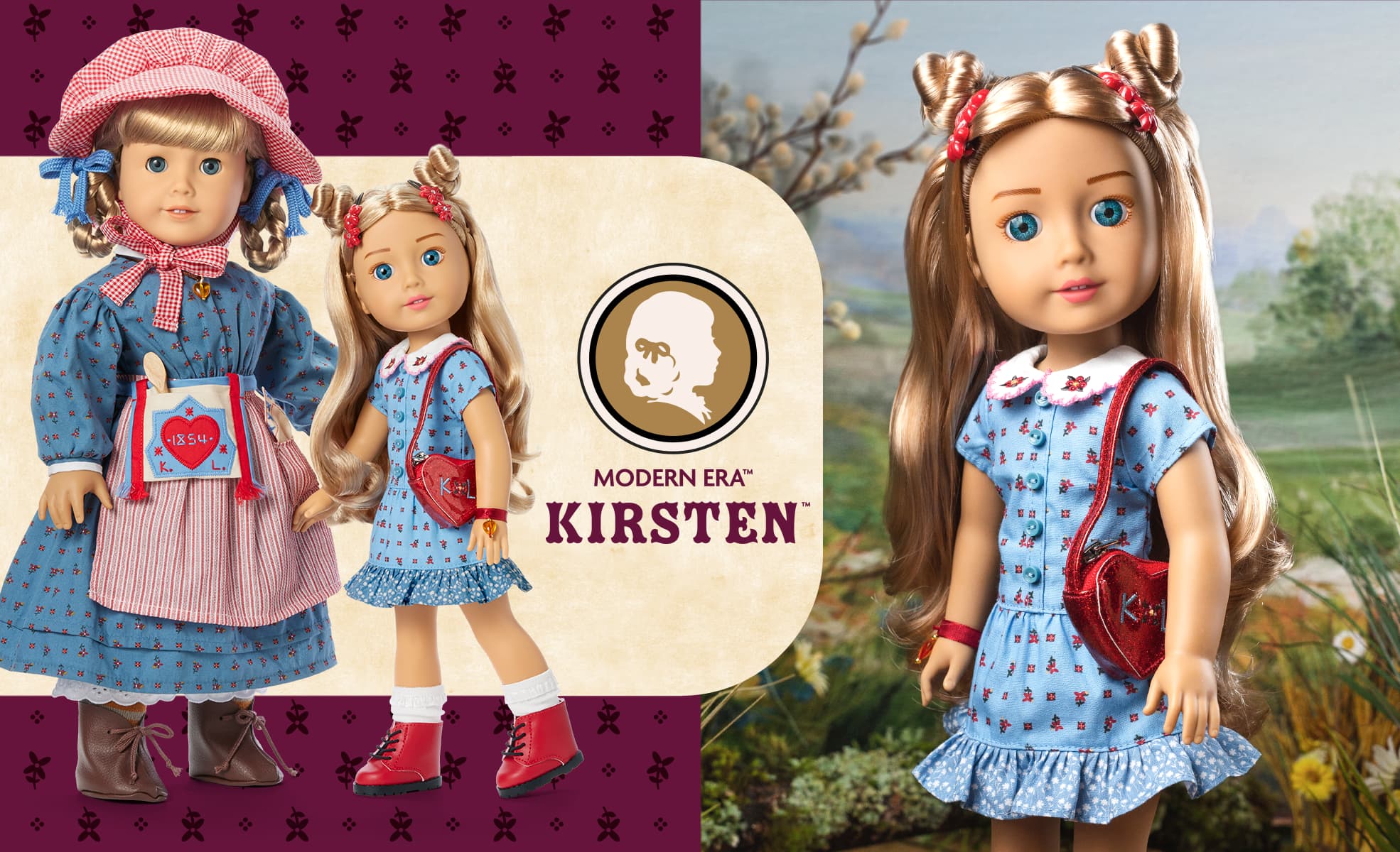 Image of American Girl and Modern Era Kirsten doll standing side by side