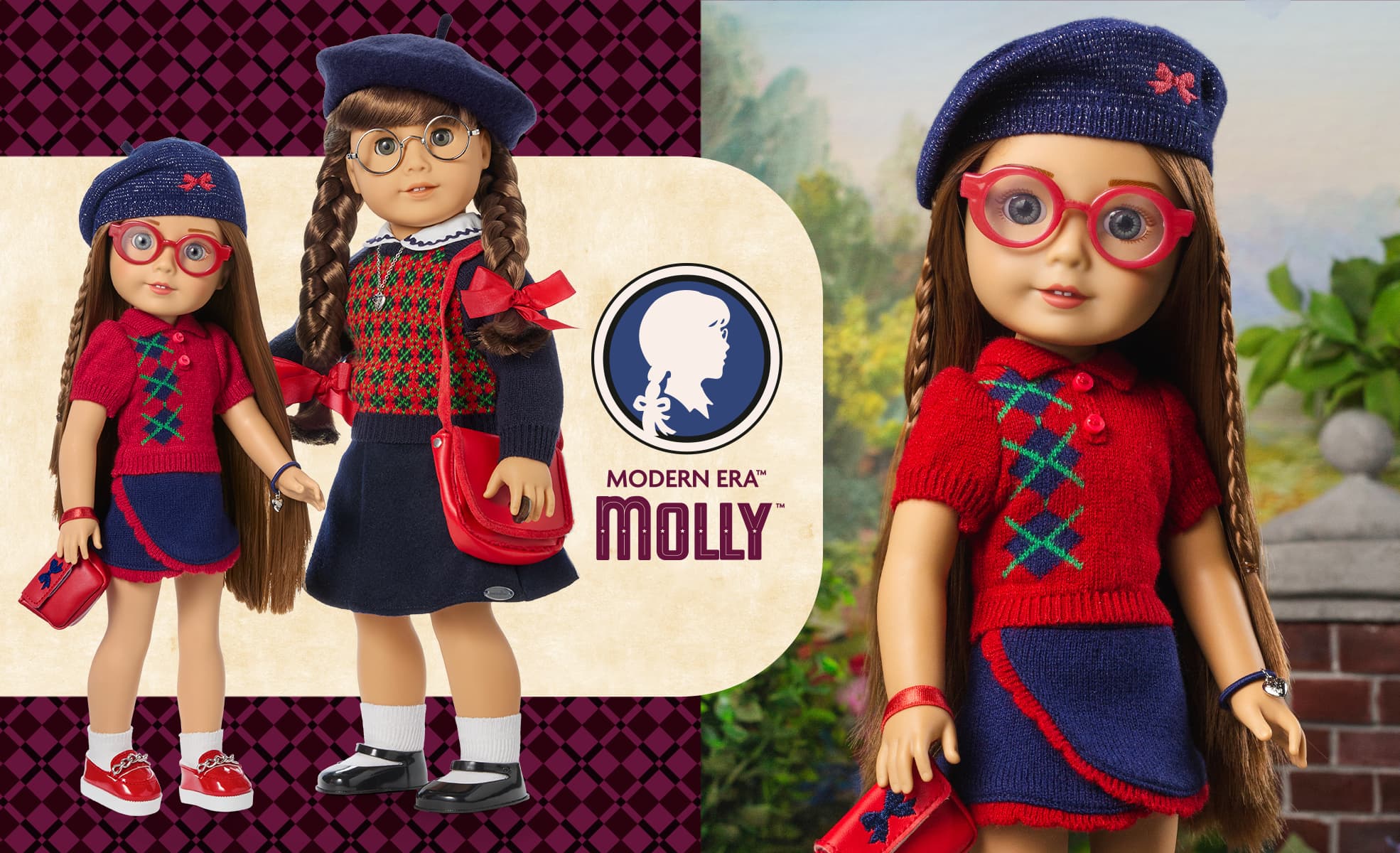 Image of American Girl and Modern Era Molly doll standing side by side