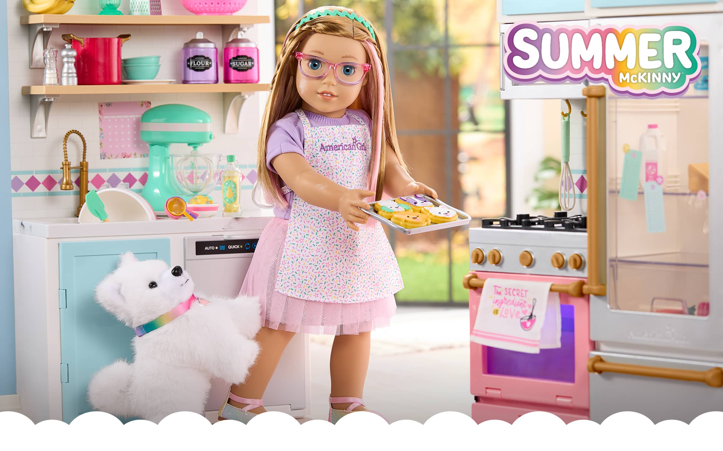 Image of American Girl Summer baking cookies with her dog