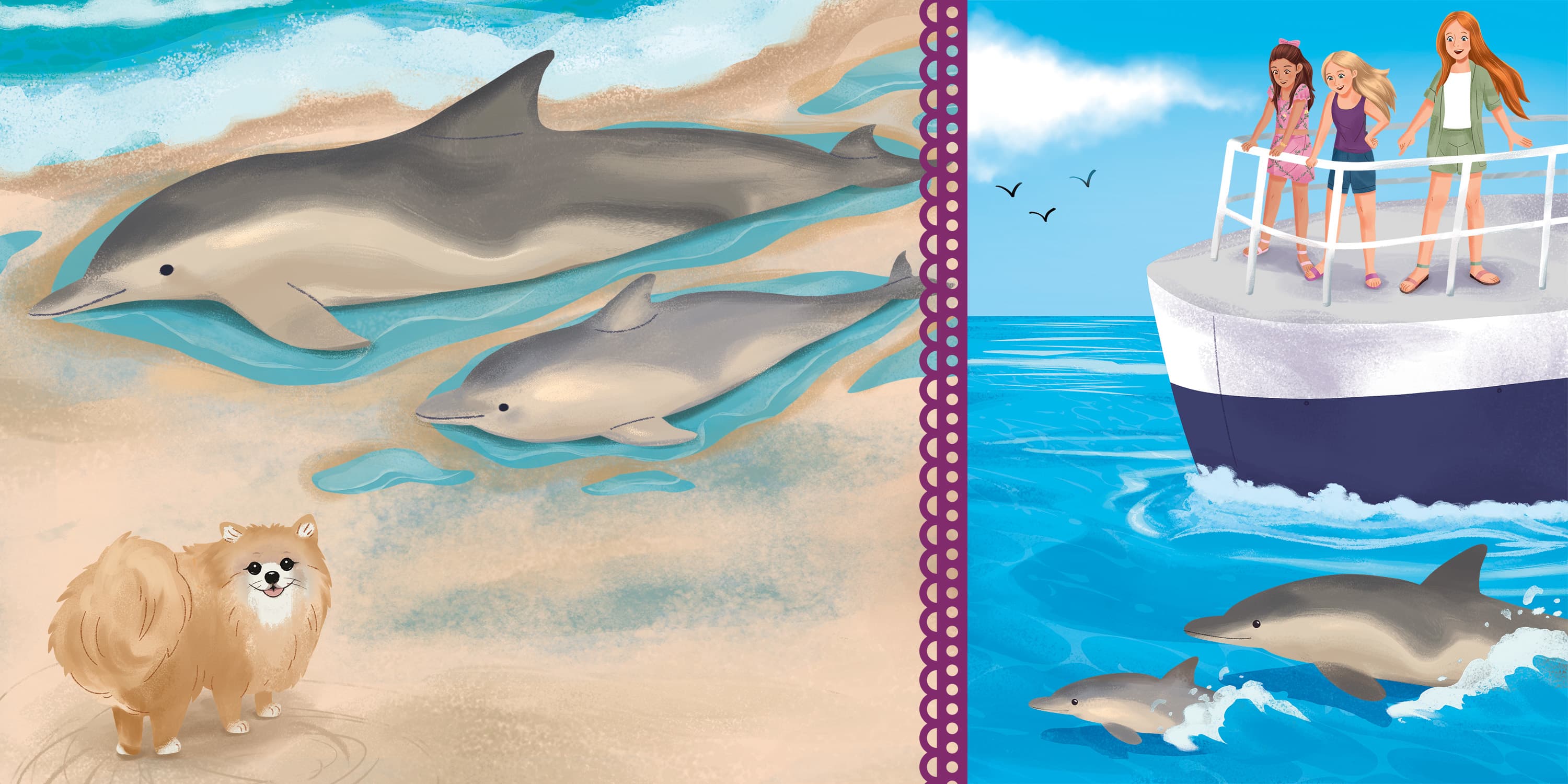 Illustrated image of dolphins on a beach and Raquel on a boat