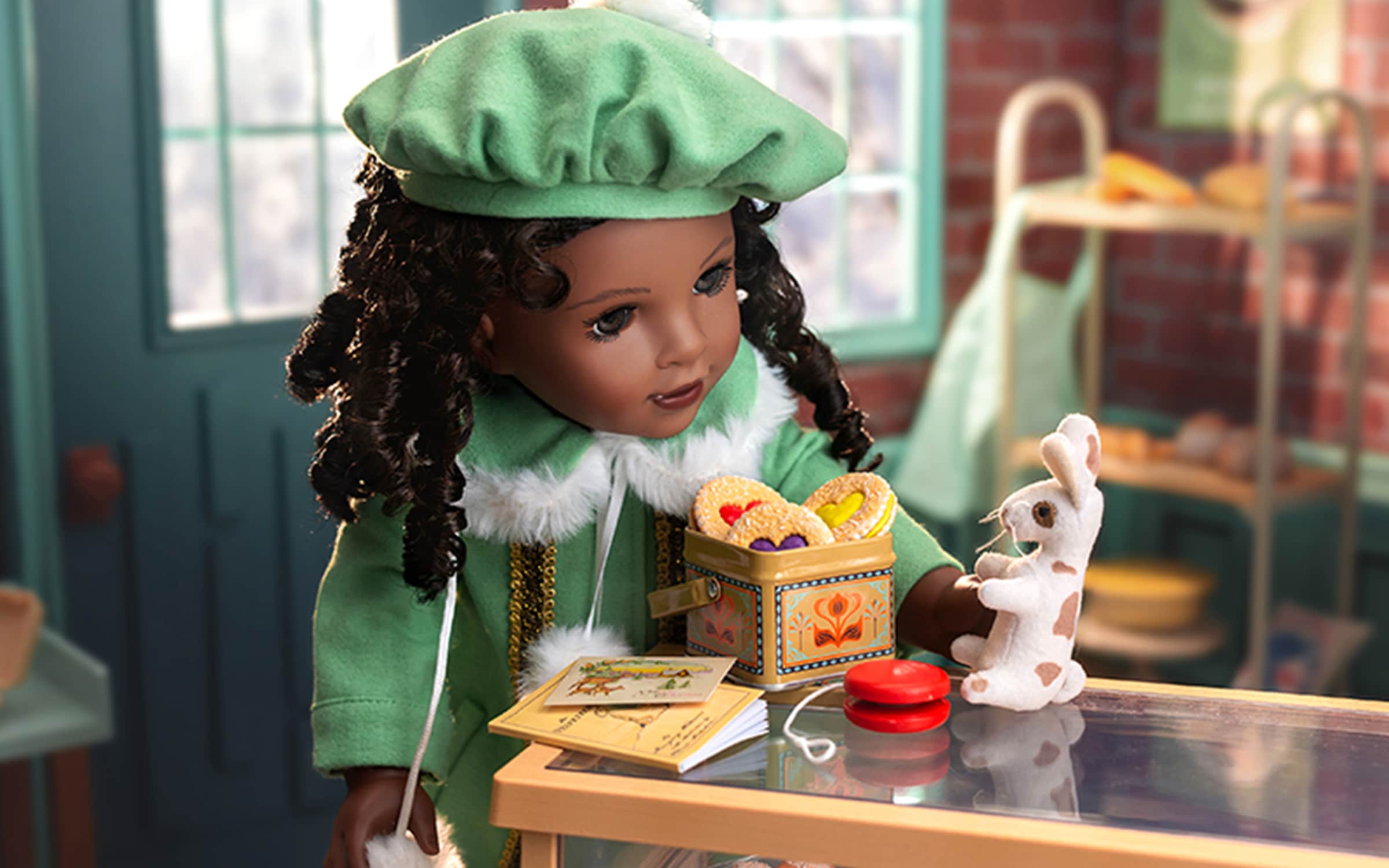 Image Claudie Wells doll in her fathers bakery while wearing her green winter coat