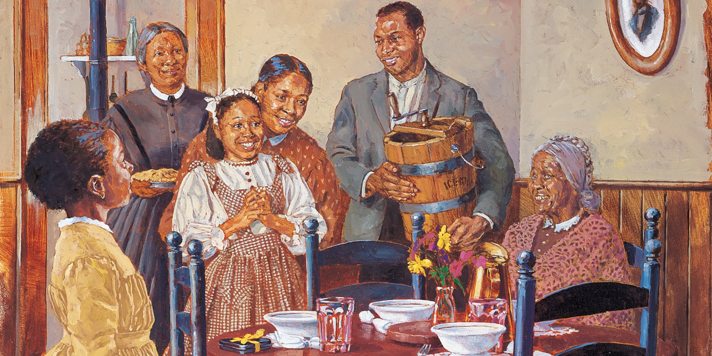 Illustrated image of Addy Walker at a dinner with her family