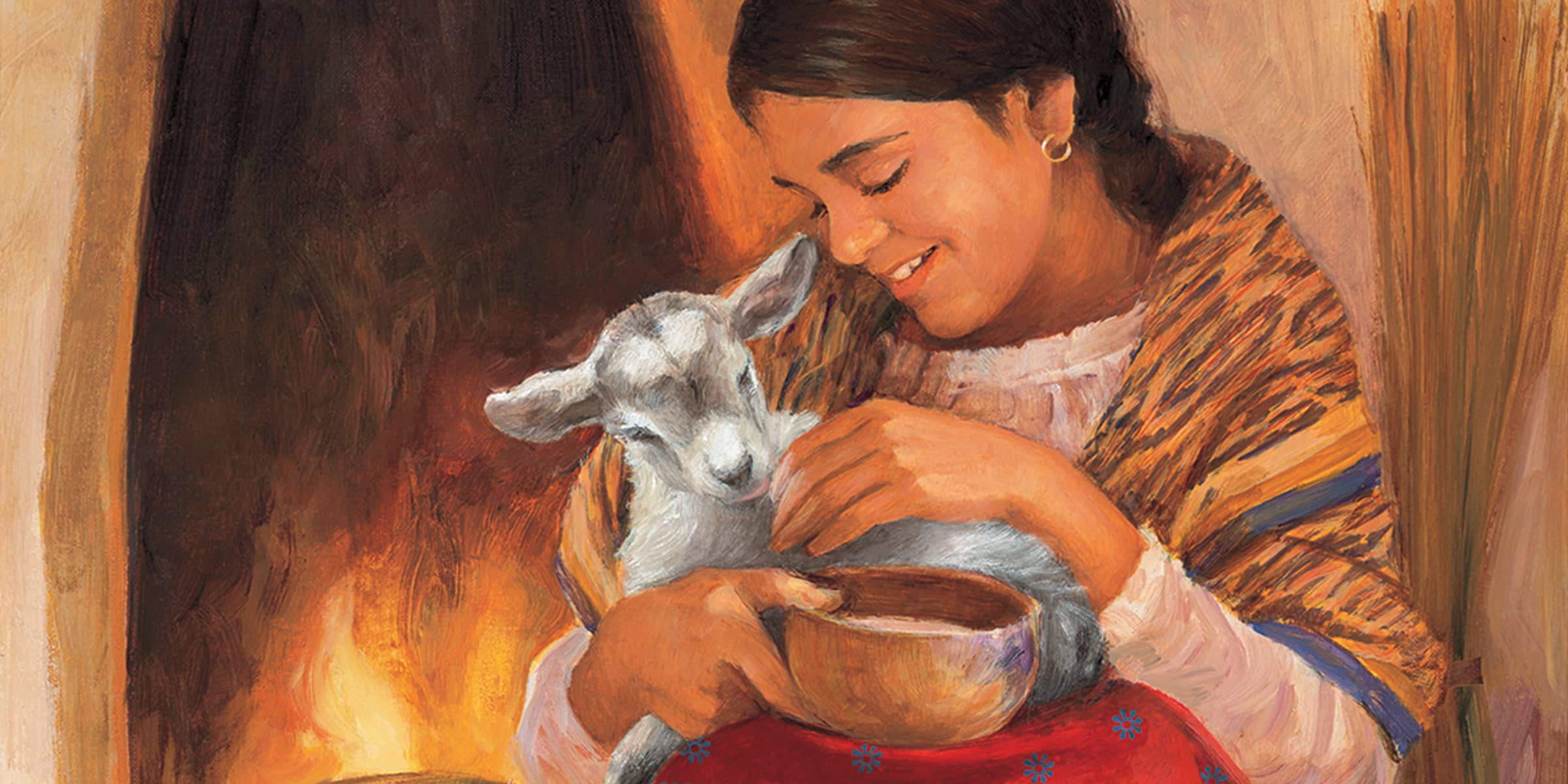 Illustrated image of Josefina Montoya feeding her goat Sombrita