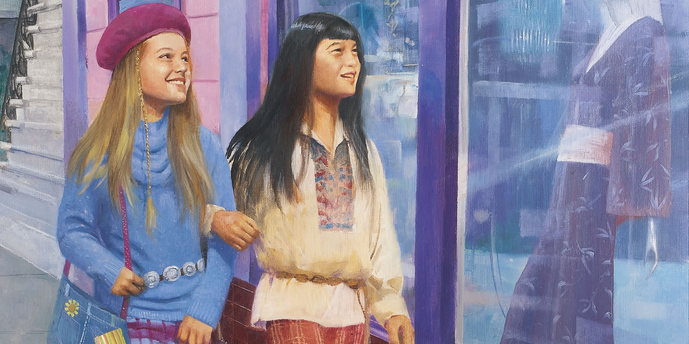 Illustrated image of Julie and Ivy Ling walking down the street