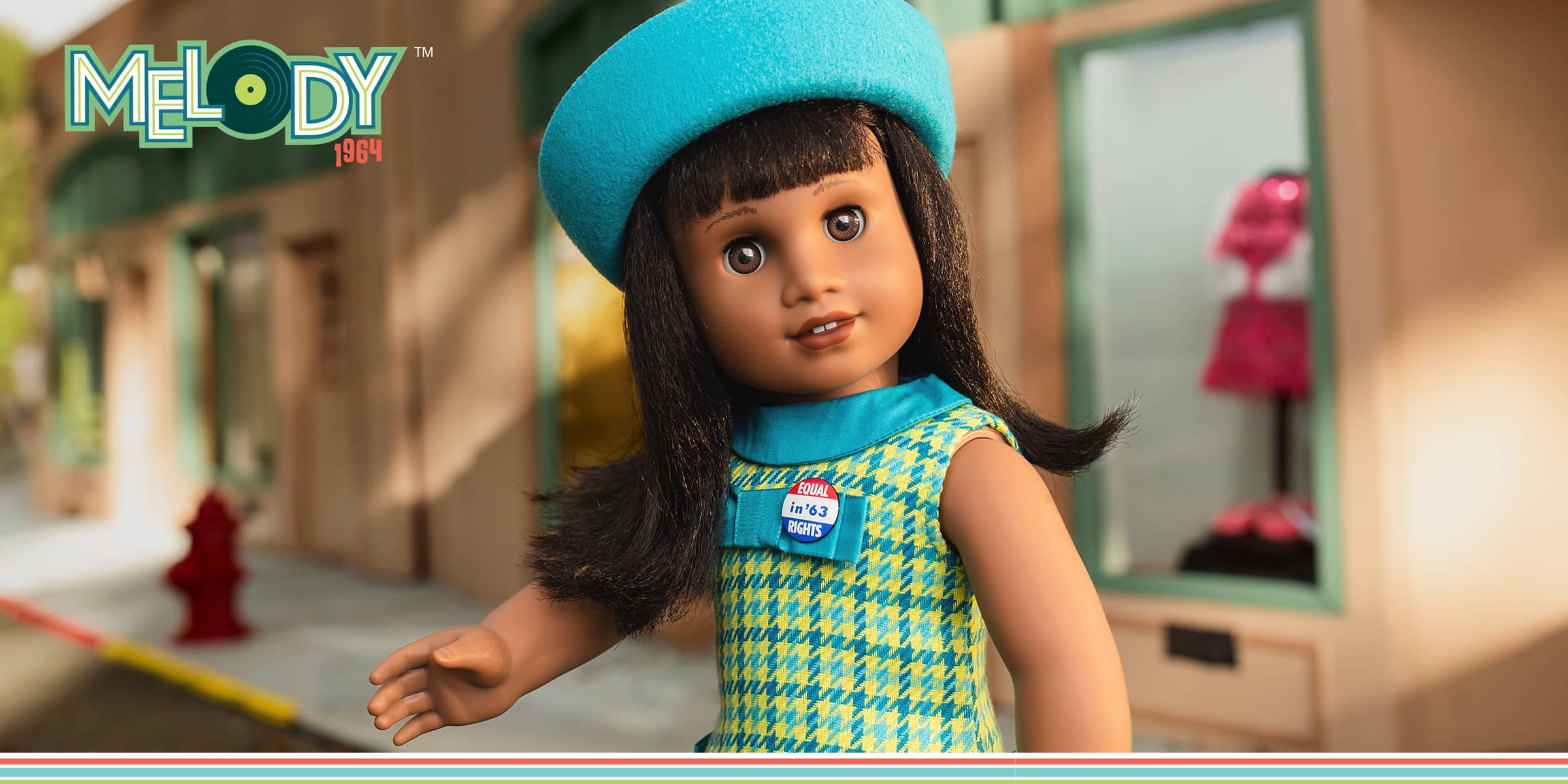 Melody Ellison doll standing outside stores