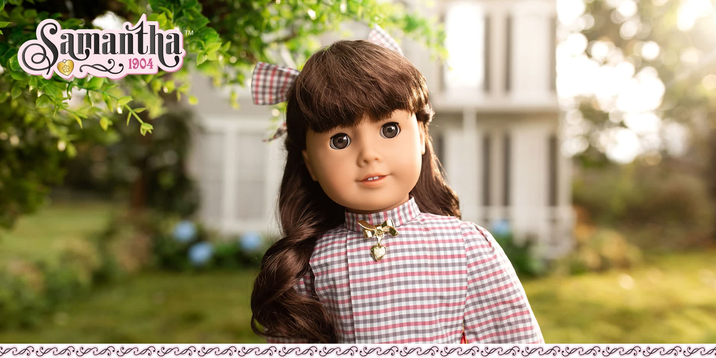 Samantha Parkington doll outside of her home